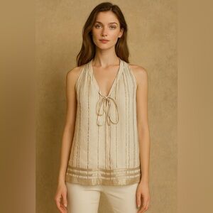 Derek Lam Ivory Silk V-Neck Tie Front Sleeveless Blouse Top 6 S M Metallic Gold